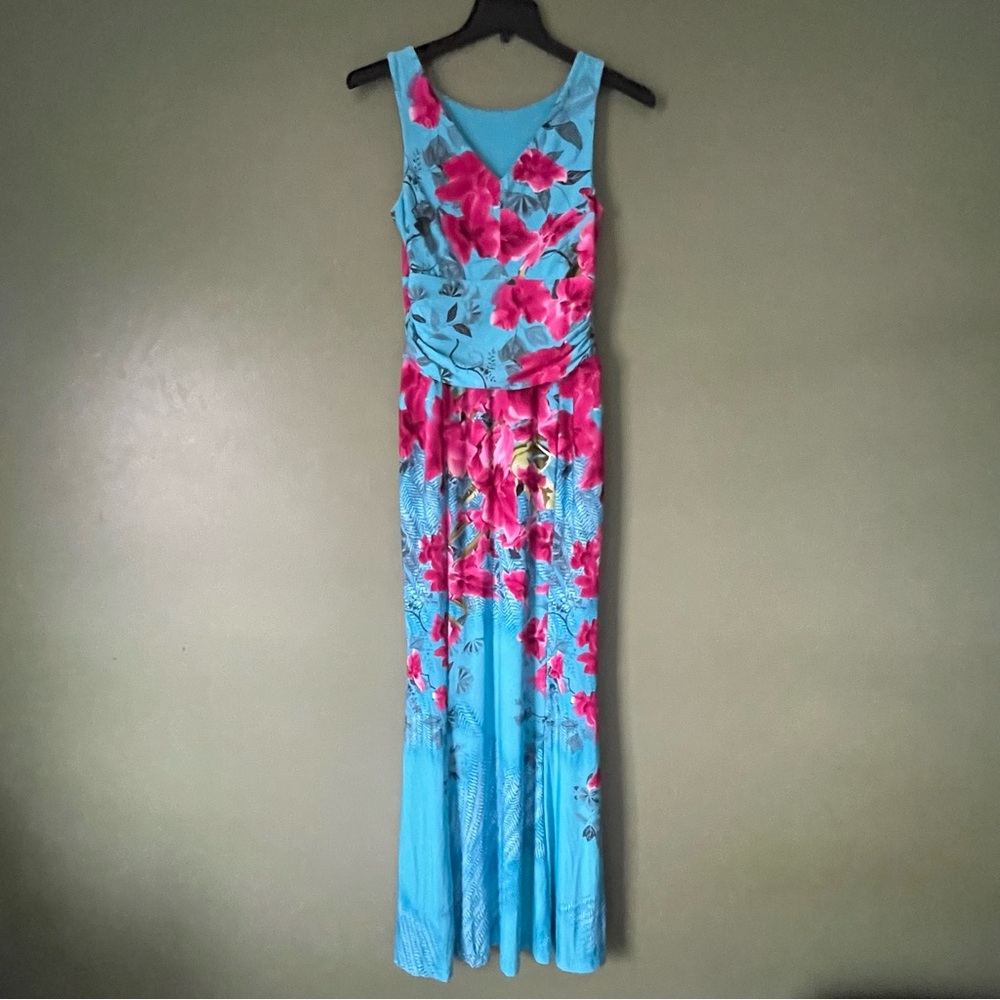 Blue and pink floral maxi dress with a ruched waist